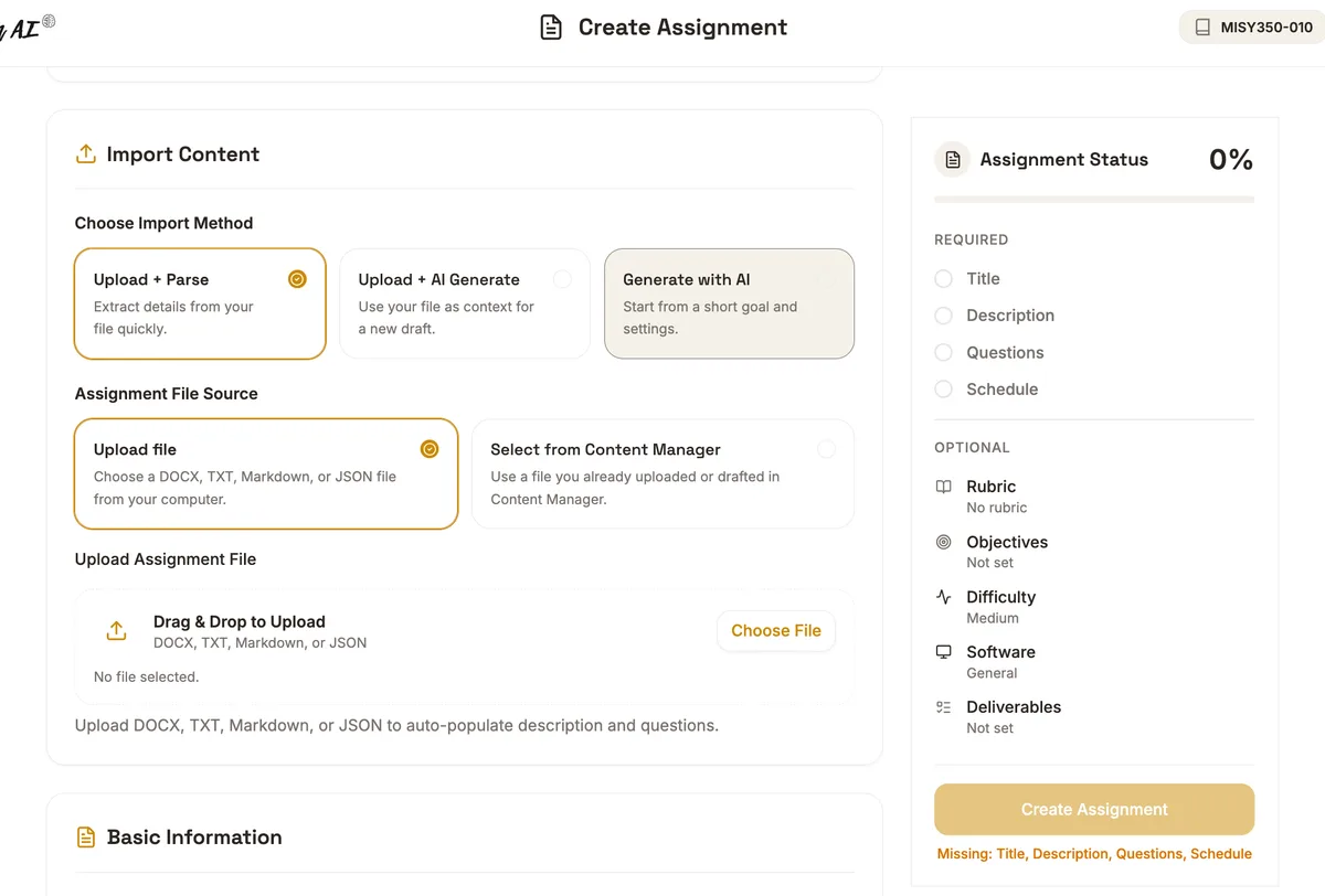 Tetta AI create assignment screen with upload, parse, and AI generation options.