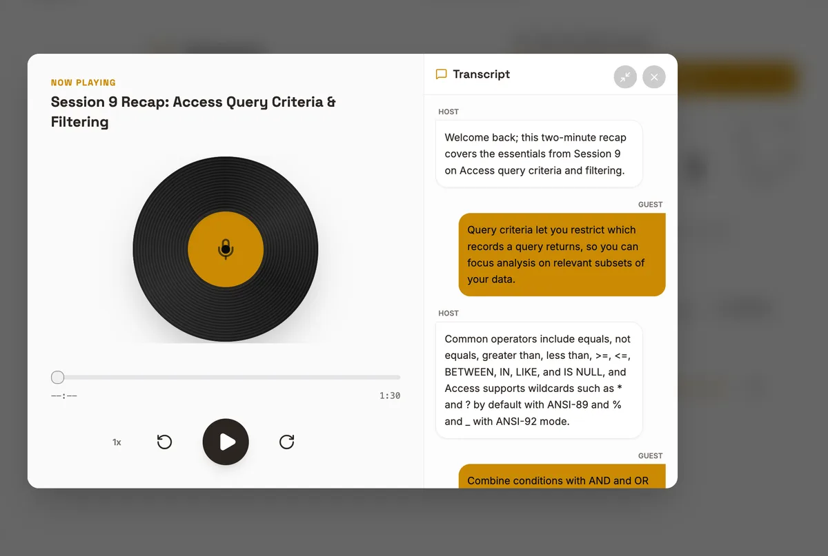 Tetta AI podcast player with generated episode playback and transcript view.