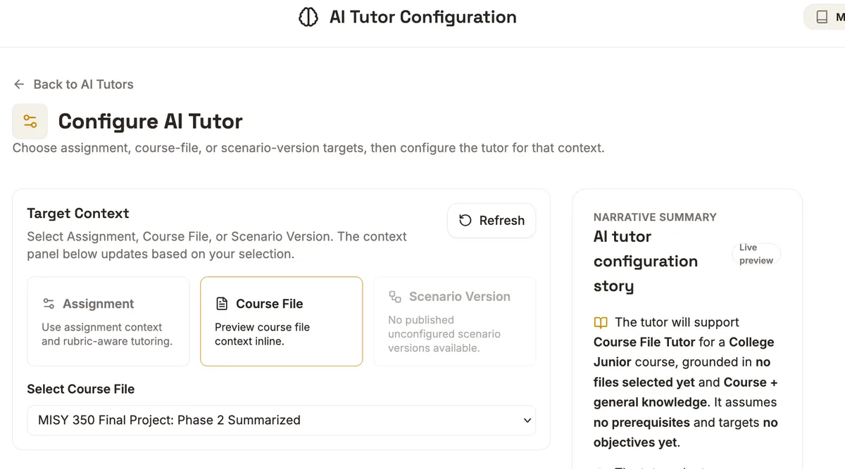 Tetta AI tutor configuration screen showing course-aware AI tutor setup options.