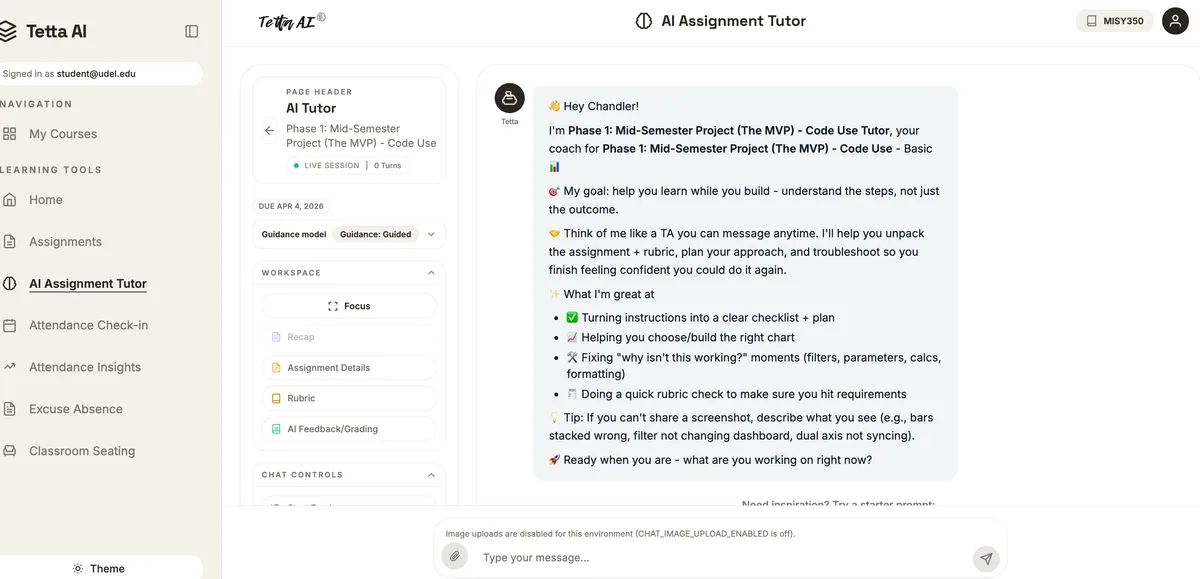 Tetta AI assignment tutor interface from a Spring 2026 course assignment.