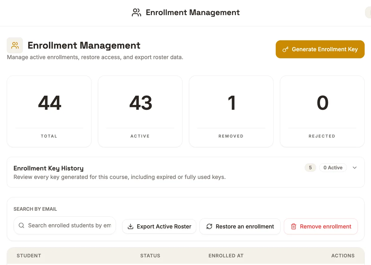 Tetta AI enrollment manager dashboard showing active students in a course.