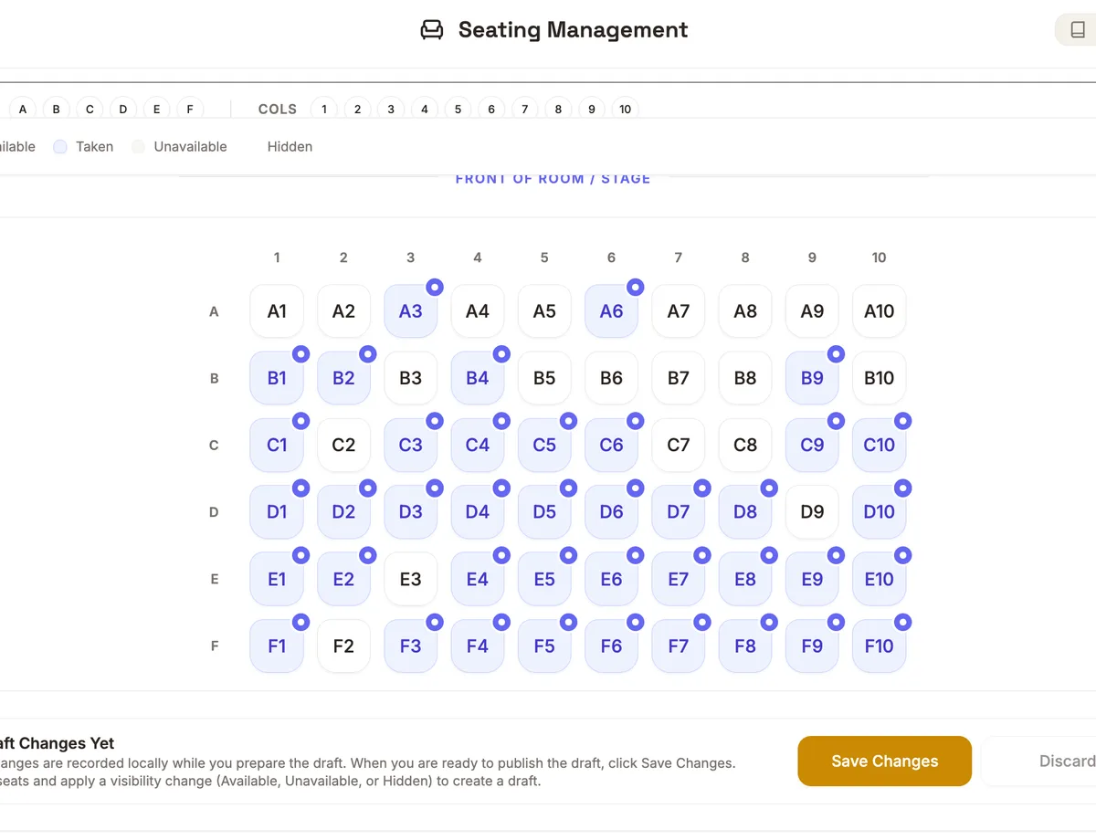 Tetta AI seating management screen with a visual classroom seat map and availability controls.